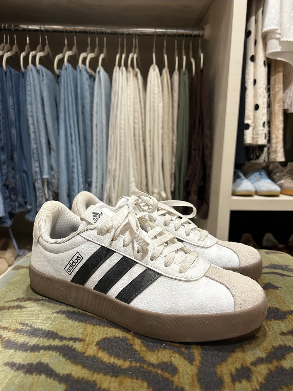 adidas Women’s White Sneakers with Black Stripes and Tan Sole